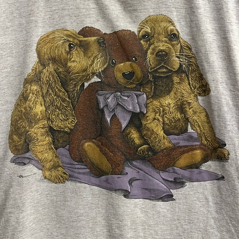 Vintage 1997 Grove Designs Sportswear Gray T-shirt Dog Bear Graphic Adult Size L